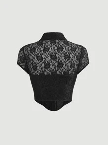 SHEIN MOD Áo sơ mi nữ Bất đối xứng Tương phản ren cắt màu trơn Gợi cảm - màu đen - Xem 2