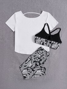 Plus 3pcs Allover Print Criss Cross Backless Sports Set - Black and White - View 2