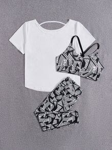 Plus 3pcs Allover Print Criss Cross Backless Sports Set - Black and White - View 5