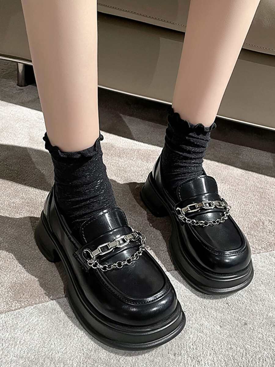 女士鏈條裝飾樂福鞋學院厚底鞋黑色 - 黑色 - 查看 1