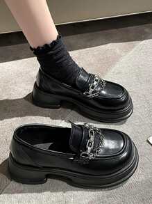 女士鏈條裝飾樂福鞋學院厚底鞋黑色 - 黑色 - 查看 2