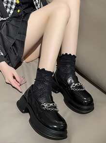 女士鏈條裝飾樂福鞋學院厚底鞋黑色 - 黑色 - 查看 3