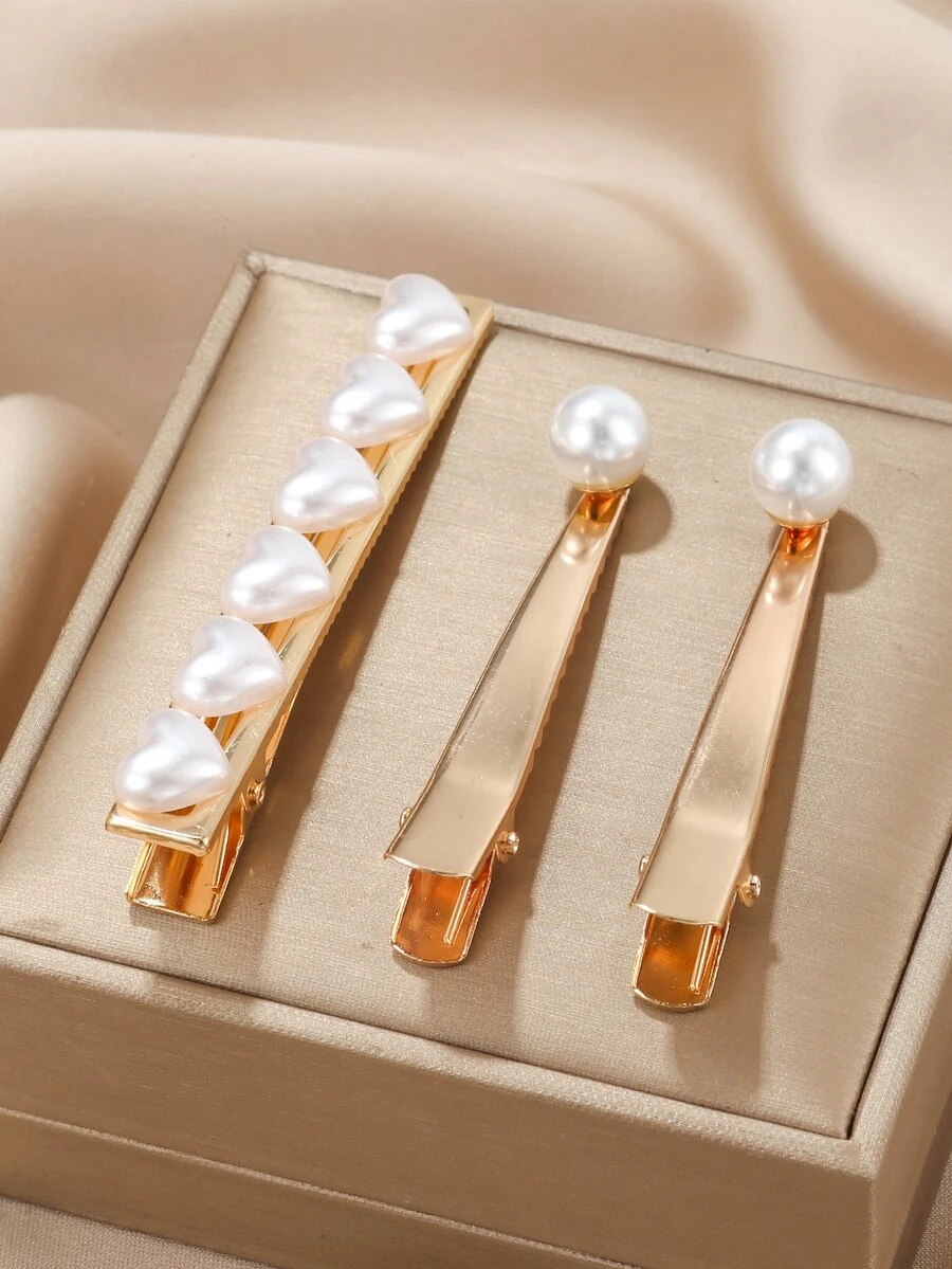 3pcs Faux Pearl Heart Decor Hair Clip - Multicolor - View 1