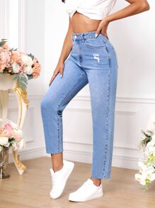 Jeans ajustados mom desgarro de talle alto - Lavado ligero - Ver 4