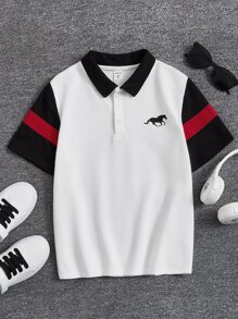 SHEIN 男孩馬印花拼接領撞色POLO衫 - 白色 - 查看 1