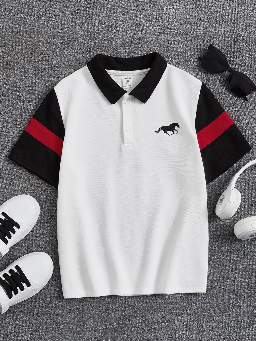 SHEIN 男孩馬印花拼接領撞色POLO衫 - 白色 - 查看 1