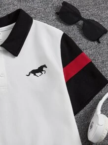 SHEIN 男孩馬印花拼接領撞色POLO衫 - 白色 - 查看 3