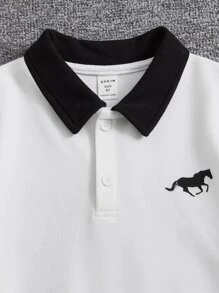 SHEIN 男孩馬印花拼接領撞色POLO衫 - 白色 - 查看 4