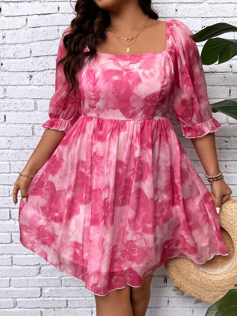 SHEIN Clasi Đầm Plus Size Xù Cà vạt nhuộm Boho - Hồng - Xem 1