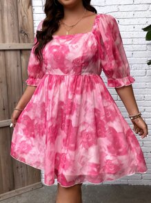 SHEIN Clasi Đầm Plus Size Xù Cà vạt nhuộm Boho - Hồng - Xem 3