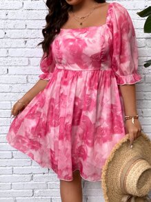 SHEIN Clasi Đầm Plus Size Xù Cà vạt nhuộm Boho - Hồng - Xem 4