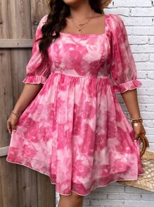 SHEIN Clasi Đầm Plus Size Xù Cà vạt nhuộm Boho - Hồng - Xem 7