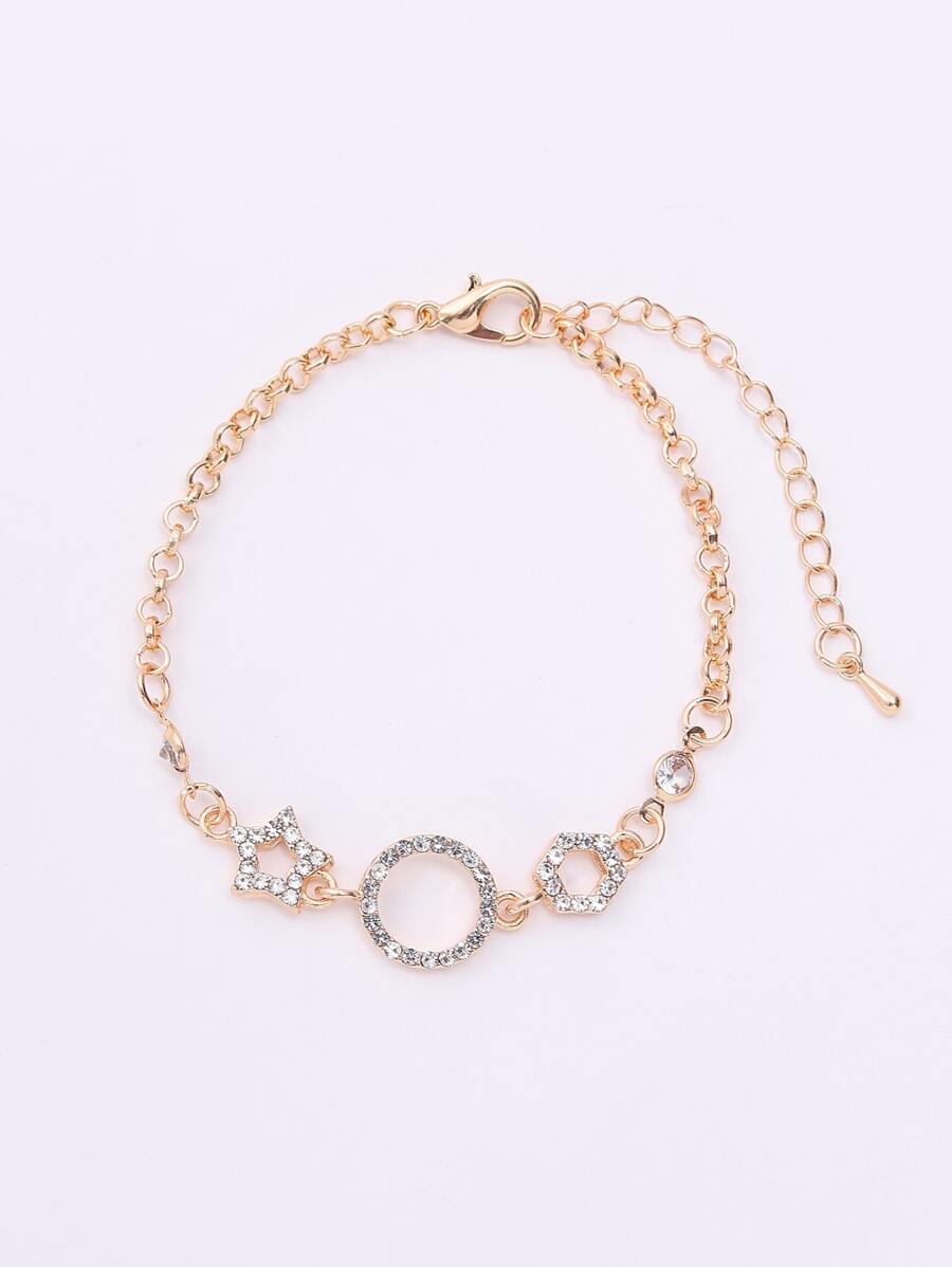 Vòng tay dây chuyền trang trí hình tròn và ngôi sao bằng đá rhinestone - Vàng - Xem 1