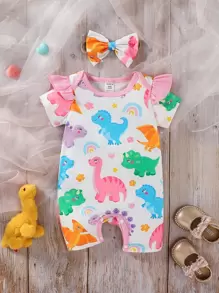 嬰兒卡通恐龍印花荷葉邊連身短褲帶配件髮箍 - 白色 - 查看 1