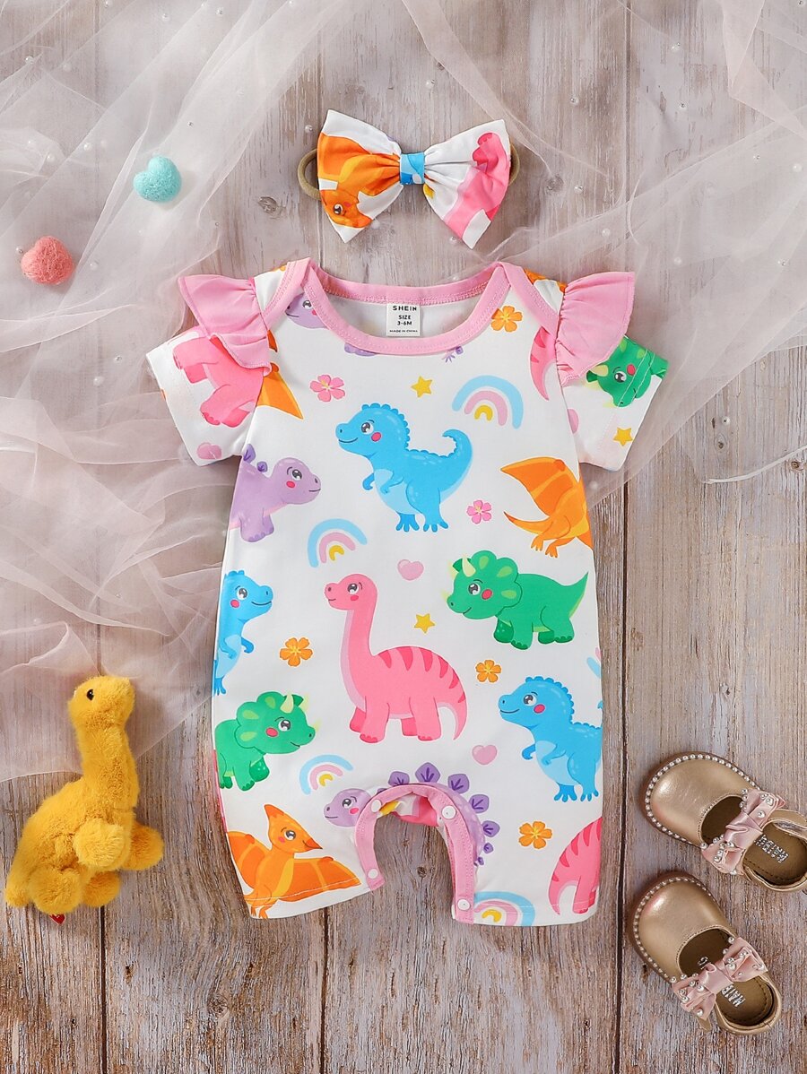 嬰兒卡通恐龍印花荷葉邊連身短褲帶配件髮箍 - 白色 - 查看 1