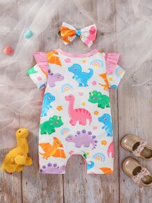 嬰兒卡通恐龍印花荷葉邊連身短褲帶配件髮箍 - 白色 - 查看 2
