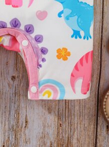 嬰兒卡通恐龍印花荷葉邊連身短褲帶配件髮箍 - 白色 - 查看 3