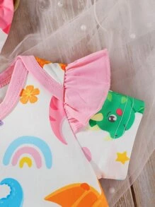嬰兒卡通恐龍印花荷葉邊連身短褲帶配件髮箍 - 白色 - 查看 5
