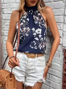 SHEIN Clasi Áo sơ mi nữ Buộc lại Hoa Tất cả trên in Boho - Màu xanh hải quân - Xem 3