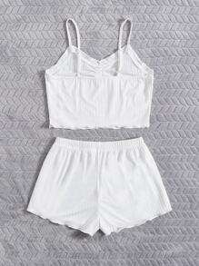 木耳邊吊帶背心和短褲休閒套裝 - 白色 - 查看 2
