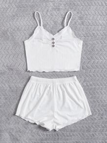 木耳邊吊帶背心和短褲休閒套裝 - 白色 - 查看 3
