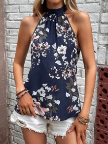 SHEIN Clasi Áo sơ mi nữ Buộc lại Hoa Tất cả trên in Boho - Màu xanh hải quân - Xem 7