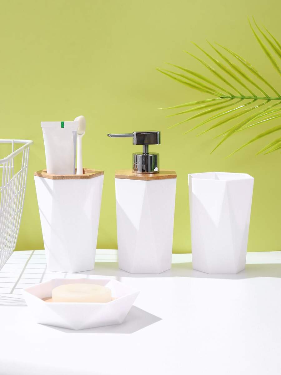 4入組塑膠乳液分配器和肥皂盒簡約白色乳液分配器和漱口杯和牙刷架和肥皂盒 - 彩色 - 查看 1