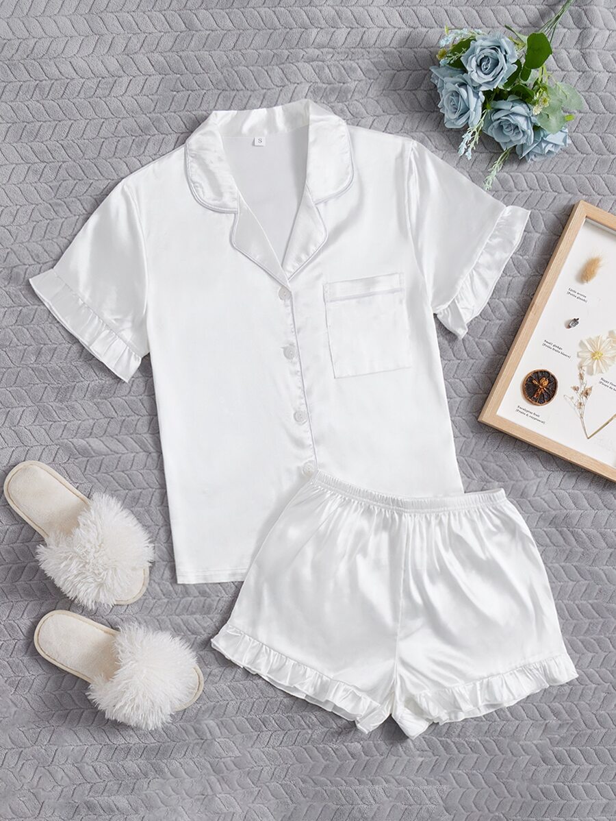 对比色滚边荷叶边缎面睡衣套装/睡衣套装白色套装 - 白色 - 查看 1