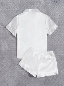 对比色滚边荷叶边缎面睡衣套装/睡衣套装白色套装 - 白色 - 查看 2