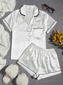 Conjunto de pijama de satén con diseño de ribetes en contraste, conjunto blanco de vacaciones
