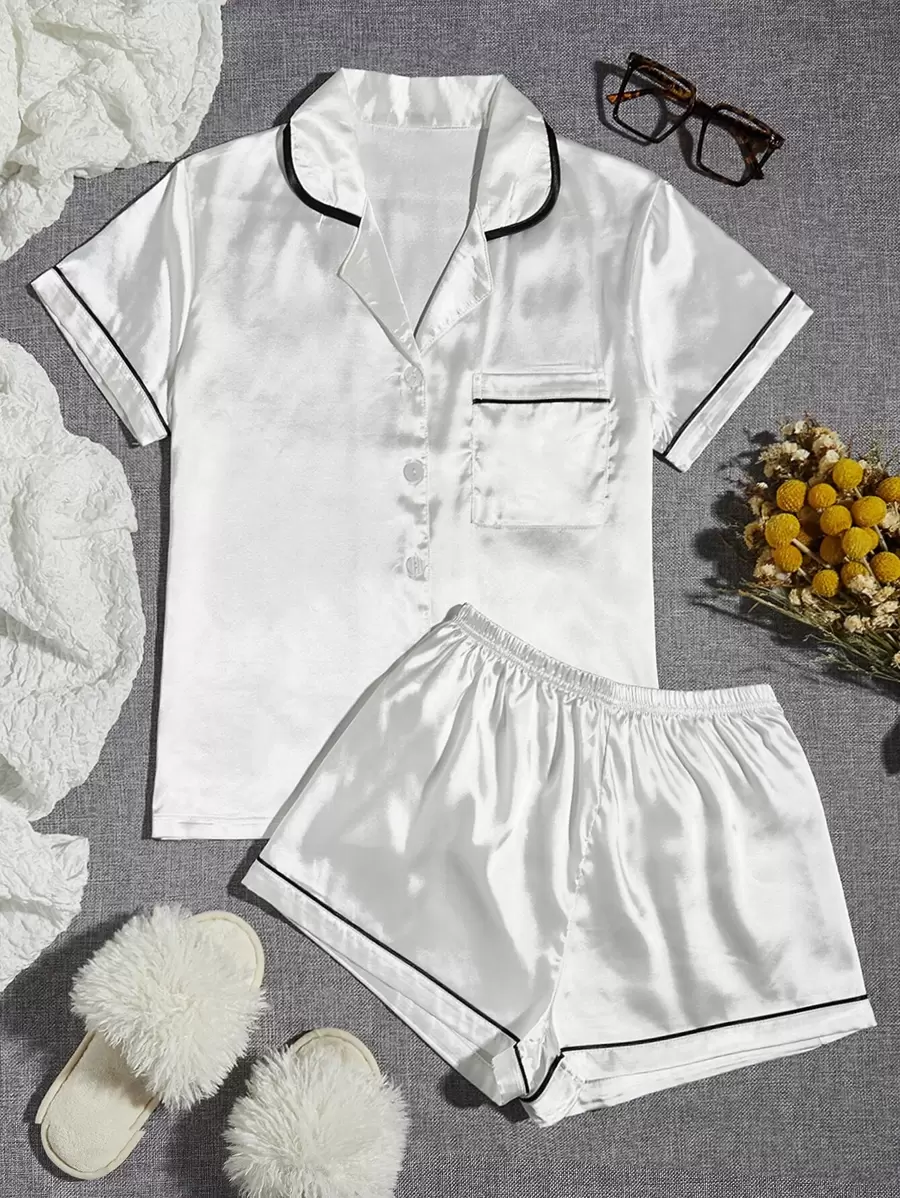 Conjunto de pijama de satén con diseño de ribetes en contraste, conjunto blanco de vacaciones