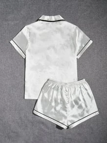 Conjunto de pijama de satén con diseño de ribetes en contraste, conjunto blanco de vacaciones