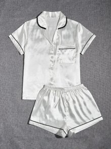 Conjunto de pijama de satén con diseño de ribetes en contraste, conjunto blanco de vacaciones