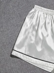 Conjunto de pijama de satén con diseño de ribetes en contraste, conjunto blanco de vacaciones