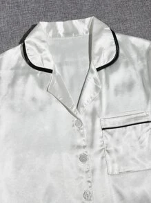 Conjunto de pijama de satén con diseño de ribetes en contraste, conjunto blanco de vacaciones