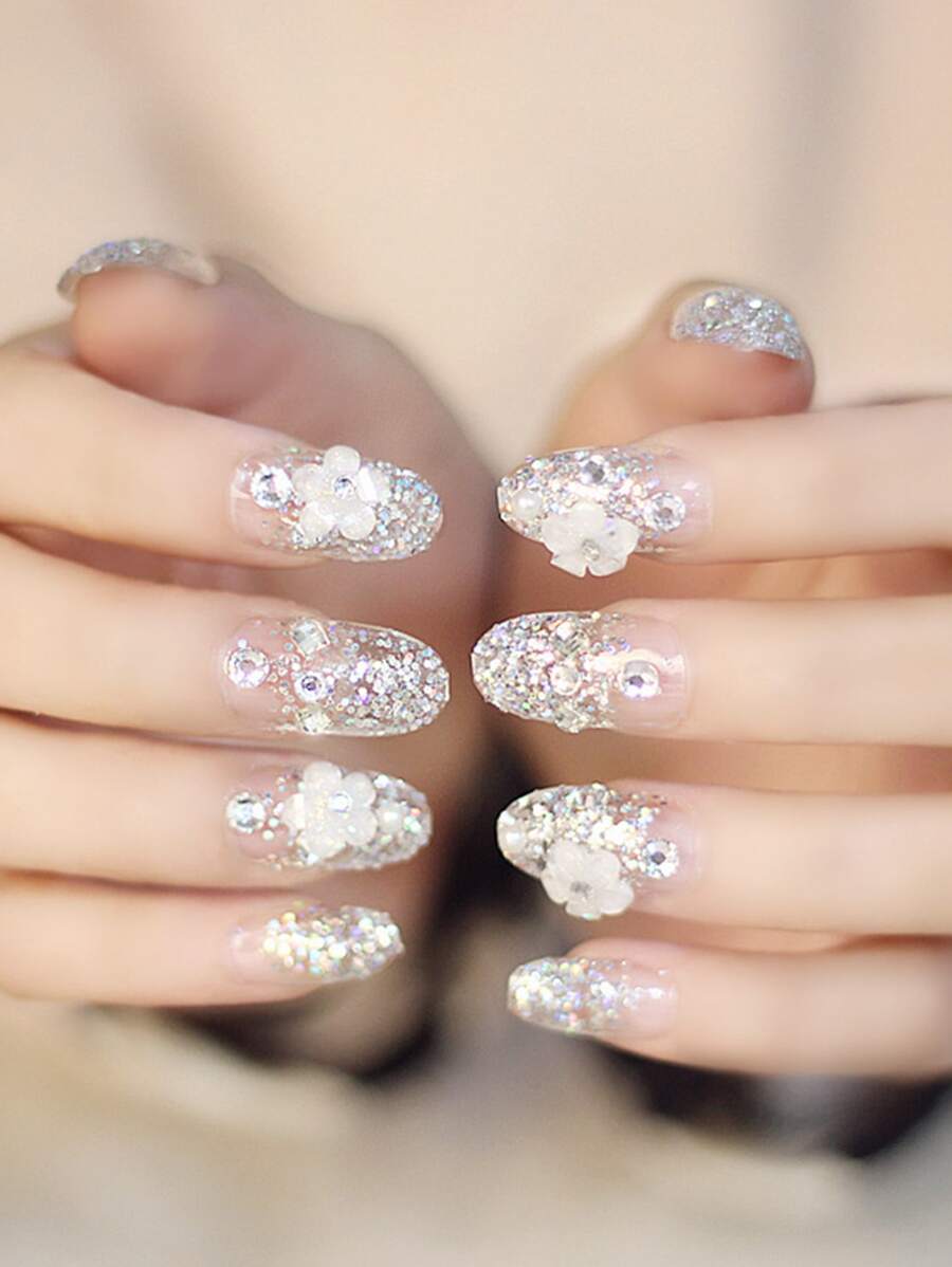 用24入組短橢圓形3D閃光萊茵石花朵裝飾假指甲和1入組指甲銼和1張膠帶升級您造型 - 彩色 - 查看 1