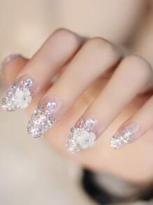 用24入組短橢圓形3D閃光萊茵石花朵裝飾假指甲和1入組指甲銼和1張膠帶升級您造型 - 彩色 - 查看 2