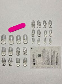 用24入組短橢圓形3D閃光萊茵石花朵裝飾假指甲和1入組指甲銼和1張膠帶升級您造型 - 彩色 - 查看 3