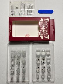 用24入組短橢圓形3D閃光萊茵石花朵裝飾假指甲和1入組指甲銼和1張膠帶升級您造型 - 彩色 - 查看 4