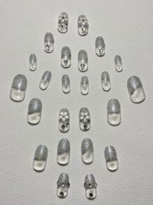 用24入組短橢圓形3D閃光萊茵石花朵裝飾假指甲和1入組指甲銼和1張膠帶升級您造型 - 彩色 - 查看 5