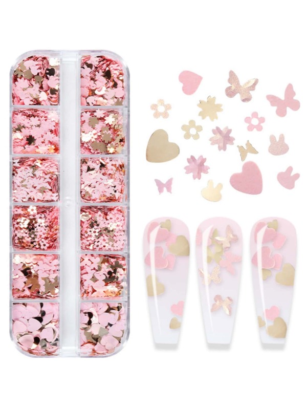 Glitter para Decoração de Unhas com Desenho de Coração e Borboleta, DIY Encantos para Unhas, Gemas para Unhas, Suprimentos de Unhas