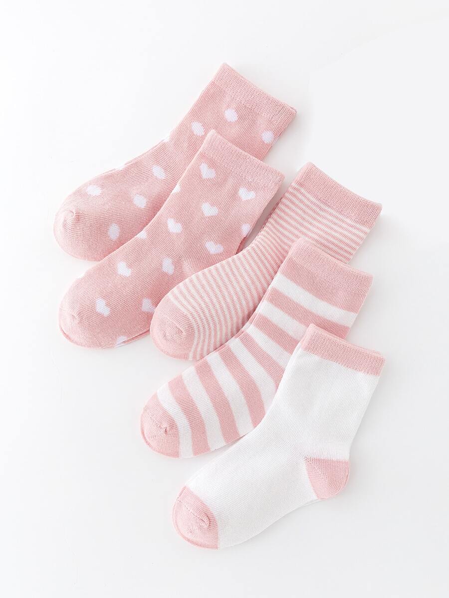 5pairs Toddler Girls Heart & Striped Pattern Crew Socks - Multicolor - View 1