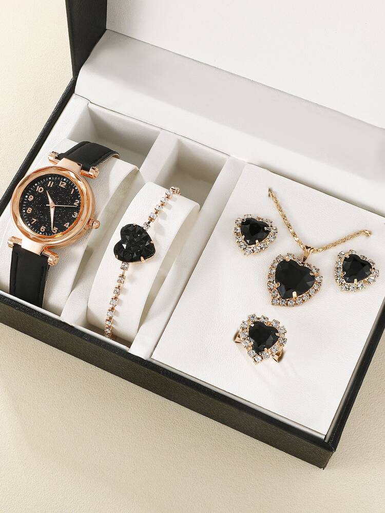 1pc Round Pointer Quartz Watch & 5pcs Jewelry Set - Black - View 1