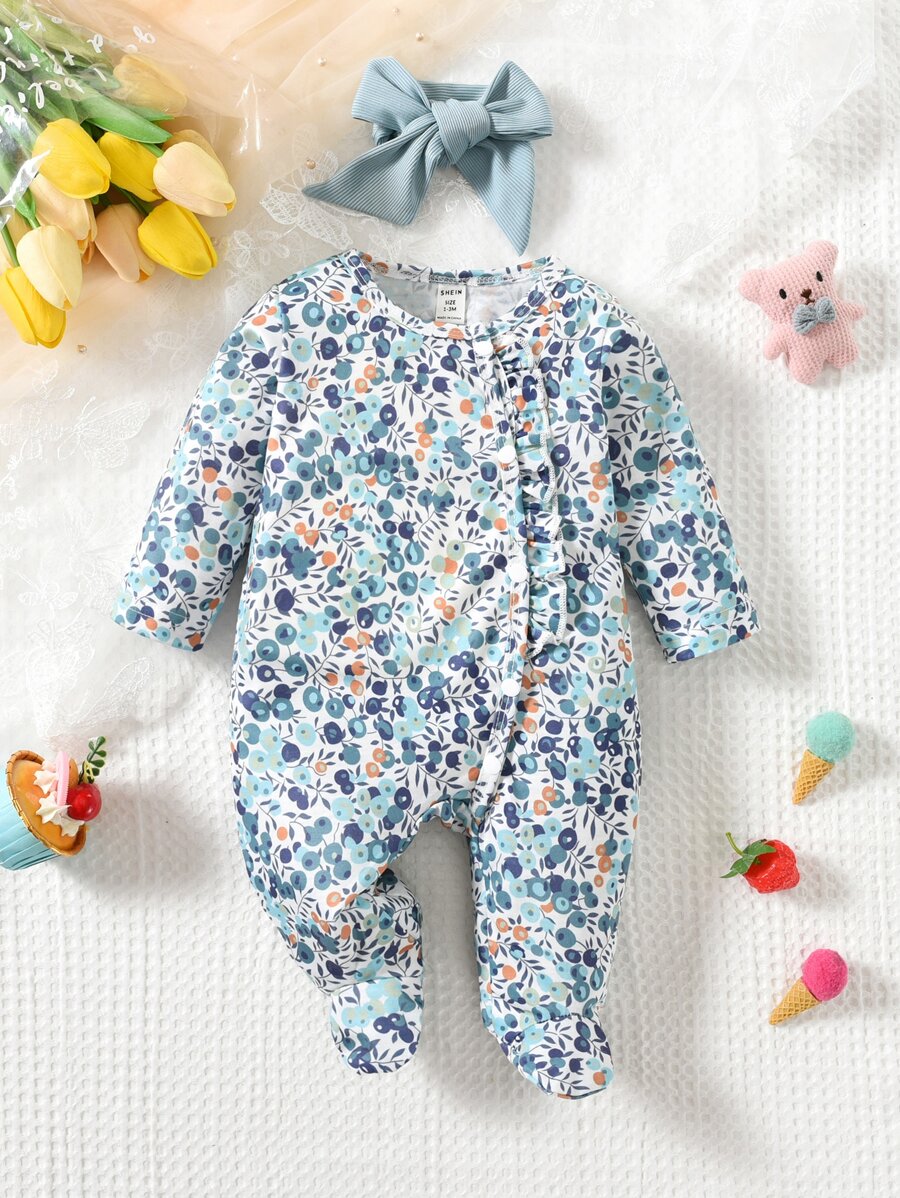 嬰幼兒女裝小花卉印花足式睡衣連身衣 - 彩色 - 查看 1