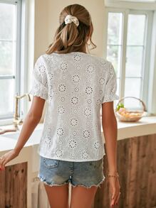 SHEIN Privé Eyelet Embroidery Flounce Sleeve Blouse - White - View 2