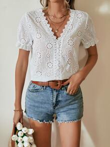 SHEIN Privé Eyelet Embroidery Flounce Sleeve Blouse - White - View 3