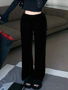 Pantalones deportivos de terciopelo de pierna ancha - Negro - Ver 1