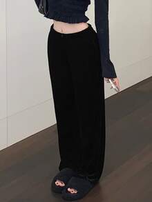 Pantalones deportivos de terciopelo de pierna ancha - Negro - Ver 3