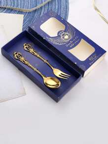 2pcs/set Stainless Steel Spoon & Fork, Vintage Dining Set For Kitchen, Dining Table - Gold - View 1