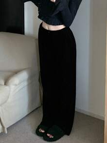 Pantalones deportivos de terciopelo de pierna ancha - Negro - Ver 4